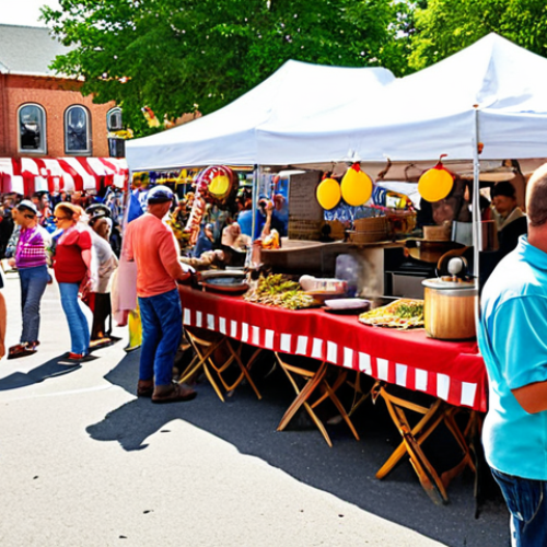 Home 19 **A vibrant small-town festival scene: A bustling town square filled with people enjoying local food stalls, live music, and traditional crafts. Capture the joyful atmosphere and community spirit. Consider a "Chili Cook-Off" or "Duck Race" theme.**