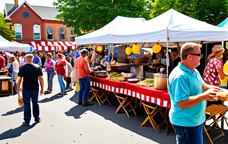 **A vibrant small-town festival scene: A bustling town square filled with people enjoying local food stalls, live music, and traditional crafts. Capture the joyful atmosphere and community spirit. Consider a "Chili Cook-Off" or "Duck Race" theme.**