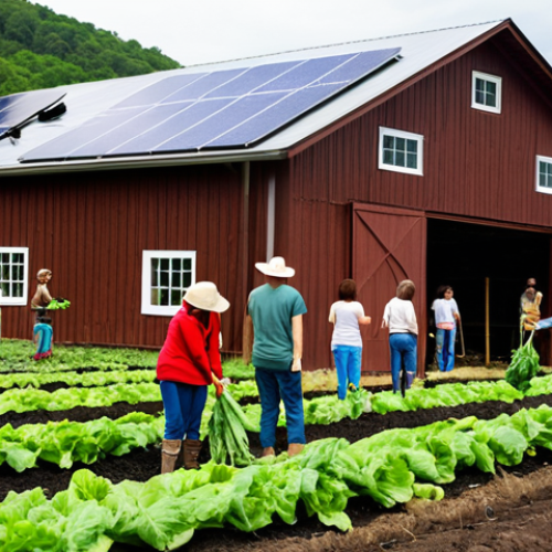 Home 18 **
A vibrant rural scene showcasing sustainable tourism practices: A group of diverse tourists participates in a hands-on activity, like harvesting organic vegetables at a local farm. Solar panels are visible on a barn roof in the background. The image should convey a sense of connection to nature and the local community, highlighting eco-friendly practices. Focus on bright, natural lighting and a welcoming atmosphere.
**