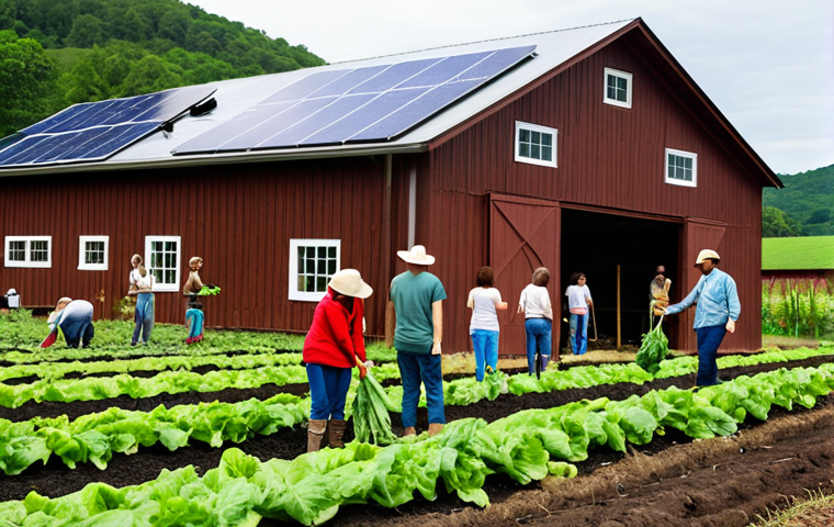 **
A vibrant rural scene showcasing sustainable tourism practices: A group of diverse tourists participates in a hands-on activity, like harvesting organic vegetables at a local farm. Solar panels are visible on a barn roof in the background. The image should convey a sense of connection to nature and the local community, highlighting eco-friendly practices. Focus on bright, natural lighting and a welcoming atmosphere.
**