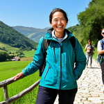 A professional female rural guide in a modest, practical outdoor jacket and hiking pants, smiling genuinely while engaging a small group of fully clothed, diverse tourists on a scenic countryside trail. She is gesturing towards ancient trees, embodying a master storyteller and cultural interpreter. The background features rolling green hills, a quaint stone bridge, and clear blue skies under natural sunlight. Perfect anatomy, correct proportions, natural pose, well-formed hands, proper finger count. Safe for work, appropriate content, fully clothed, professional, family-friendly, high quality, professional photography.
