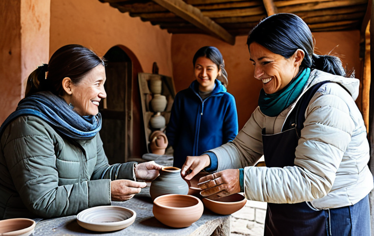 A professional rural tourism guide, an adult woman with a welcoming expression, wearing modest outdoor clothing and a light jacket, engaging a small group of adult tourists at a rustic pottery workshop. Tourists are observing a local artisan demonstrating traditional pottery techniques. The workshop interior is bathed in warm, natural light, showcasing handmade ceramic pieces and raw materials. The scene emphasizes authentic cultural immersion and genuine interaction. Fully clothed, appropriate attire, safe for work, appropriate content, professional, family-friendly, perfect anatomy, correct proportions, natural pose, well-formed hands, proper finger count, natural body proportions, professional photography, high quality.