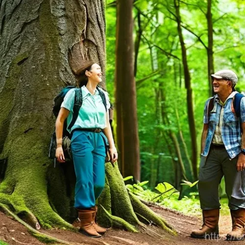 농촌관광지도사 시험 합격률 - **Prompt:** A diverse group of travelers, aged 25-50, is on a sun-dappled forest trail, looking up w...