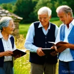 농촌관광지도사로서의 사회적 역할 - **Prompt:** A warm, inviting scene of a diverse group of travelers, aged 20s-60s, gathered around an...