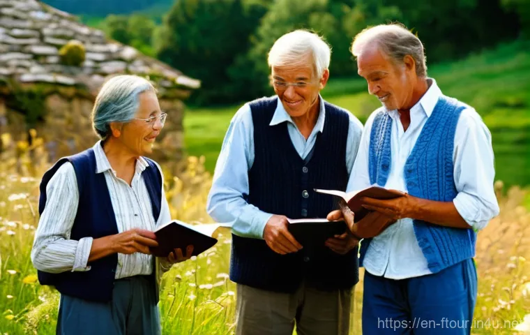 농촌관광지도사로서의 사회적 역할 - **Prompt:** A warm, inviting scene of a diverse group of travelers, aged 20s-60s, gathered around an...