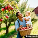 농촌관광지도사 고객 관리 방법 - A joyful scene featuring a young family in a sun-drenched apple orchard. A father, mother, and their...