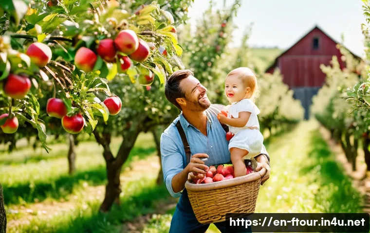 농촌관광지도사 고객 관리 방법 - A joyful scene featuring a young family in a sun-drenched apple orchard. A father, mother, and their...
