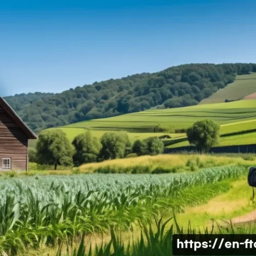 농촌관광지도사 국가시험 준비법 - A warm and inviting rural farm scene during a sunny afternoon, featuring a diverse group of tourists...