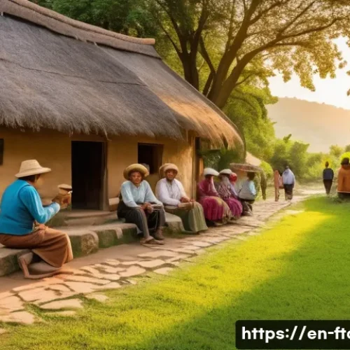 농촌관광지도사 전문 서적 추천 - A serene rural village scene during golden hour, featuring traditional stone cottages with thatched ...