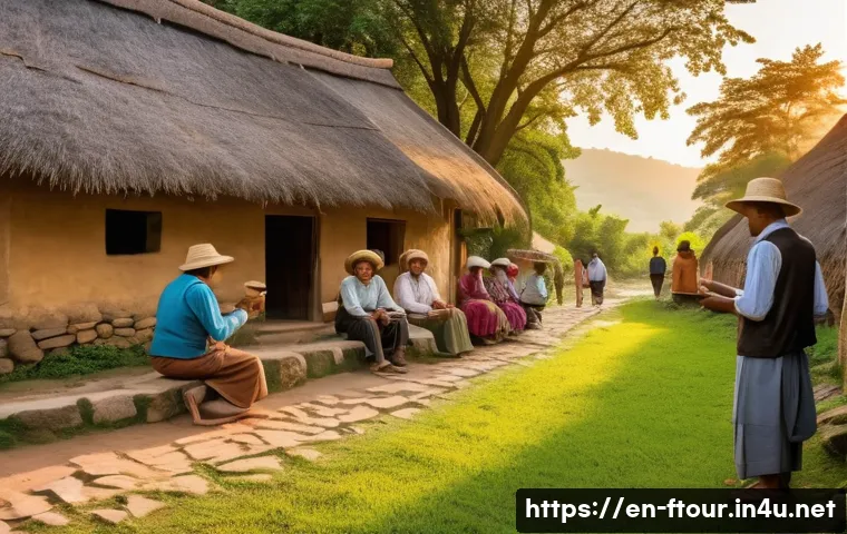 농촌관광지도사 전문 서적 추천 - A serene rural village scene during golden hour, featuring traditional stone cottages with thatched ...