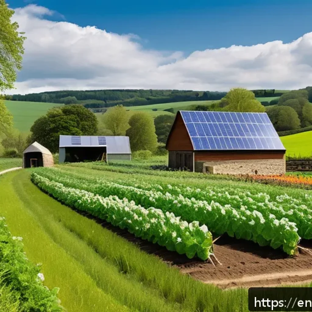 농촌관광지도사 중점 과목 - A vibrant rural farm scene during spring, featuring eco-friendly farming methods: a diverse crop rot...