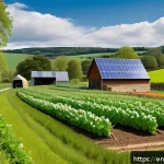 농촌관광지도사 중점 과목 - A vibrant rural farm scene during spring, featuring eco-friendly farming methods: a diverse crop rot...