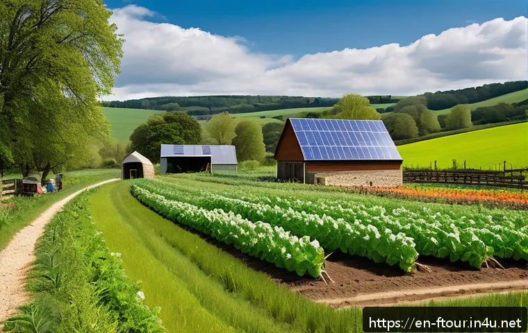 농촌관광지도사 중점 과목 - A vibrant rural farm scene during spring, featuring eco-friendly farming methods: a diverse crop rot...