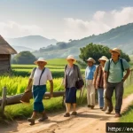 농촌관광지도사와 지역관광 발전 - A warm, sunlit scene of a middle-aged local guide, dressed in casual but tidy outdoor clothing, lead...