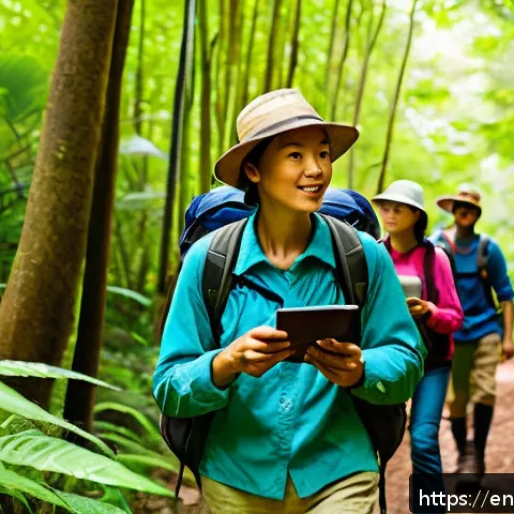 농촌관광지도사 연봉협상 팁 - A confident rural tourism guide, dressed in practical outdoor clothing and sturdy hiking boots, lead...