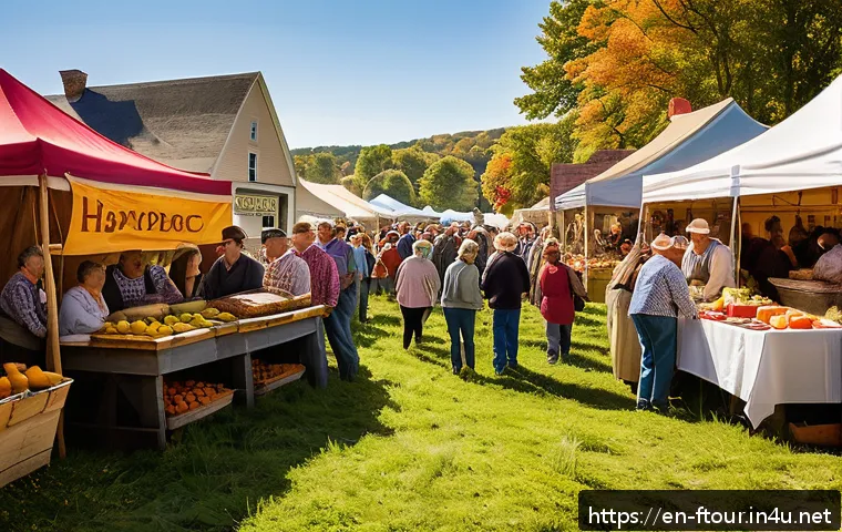 농촌관광지도사 업무 협업 사례 - A vibrant rural harvest festival scene in a small American town during early autumn, featuring local...