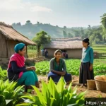 Home 19 농촌관광지도사 현장 실습 팁 - A warm, sunlit rural village scene showing a diverse group of local community members engaged in a c...