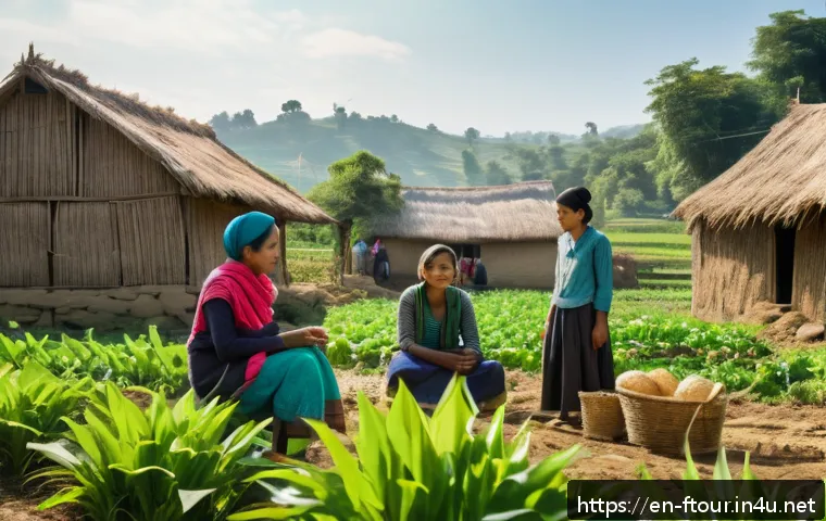 농촌관광지도사 현장 실습 팁 - A warm, sunlit rural village scene showing a diverse group of local community members engaged in a c...
