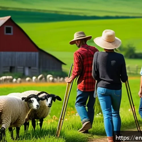 Home 17 농촌관광지도사 취업 시장 분석 - A cheerful rural tourism guide leading a small group of diverse travelers through a lush countryside...