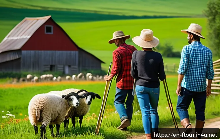 농촌관광지도사 취업 시장 분석 - A cheerful rural tourism guide leading a small group of diverse travelers through a lush countryside...