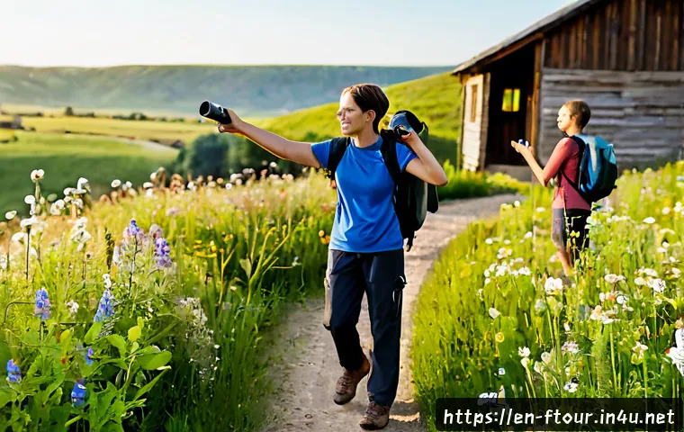 농촌관광지도사와 생태 관광 - Photorealistic rural ecotourism guide leading a small mixed-age group along a wildflower meadow trai...
